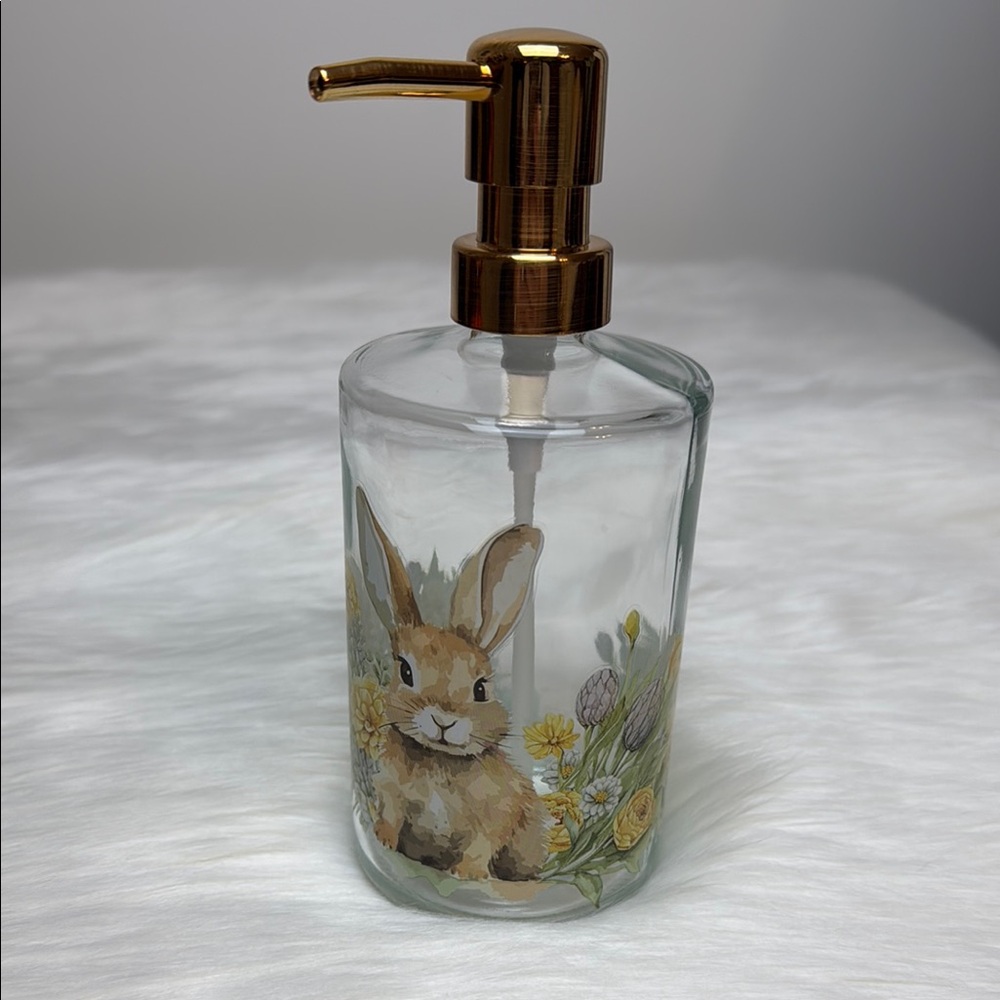 Floral Bunny Glass Soap Lotion Dispenser with Gold Pump